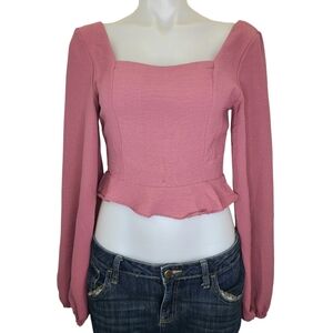 Altar'd State Square Neck Peplum Bell Sleeve Crop Top Dusty Rose Pink M